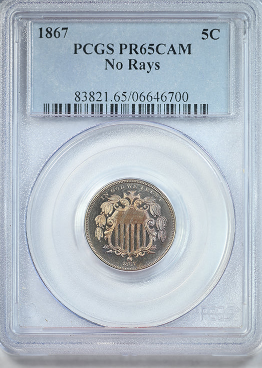 1867 Proof Shield Nickel 5C PCGS PR65CAM Cameo No Rays - TONED