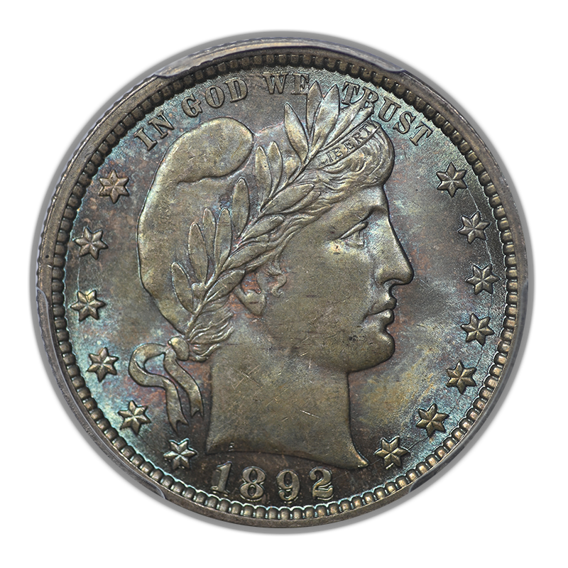 1892 Barber Quarter 25C PCGS MS66 CAC - DDR FS801, Top Pop, TONED! Obverse
