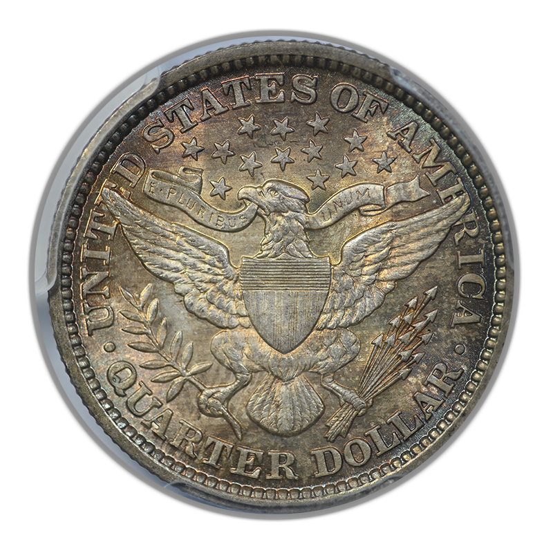 1892 Barber Quarter 25C PCGS MS66 CAC - DDR FS801, Top Pop, TONED! Reverse