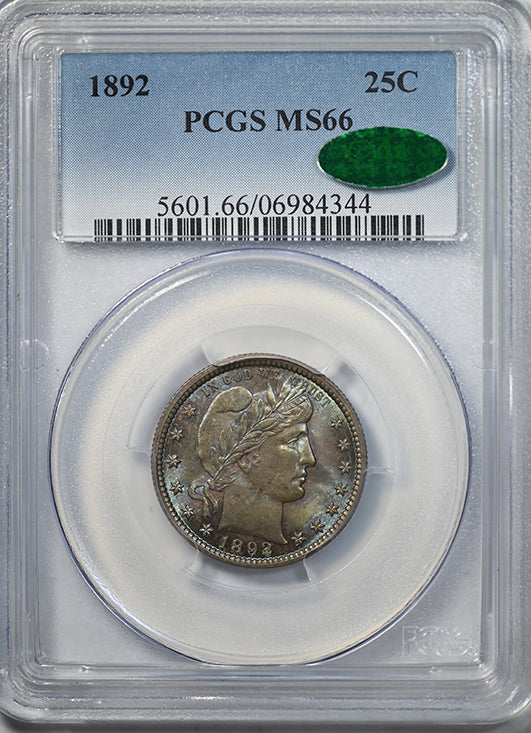 1892 Barber Quarter 25C PCGS MS66 CAC - DDR FS801, Top Pop, TONED! Obverse Slab