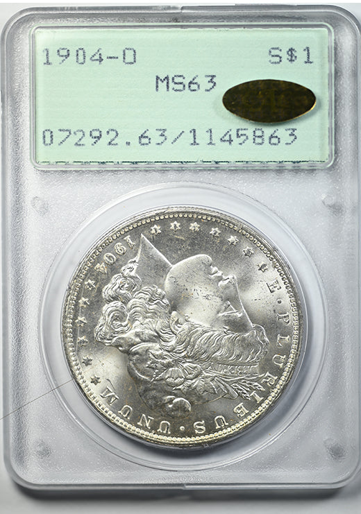 1904-O Morgan Dollar $1 PCGS Rattler MS63 Gold CAC – Americana