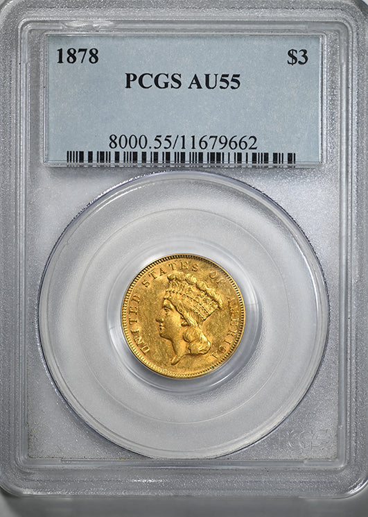 1878 Indian Princess Gold Three Dollar Piece $3 PCGS AU55