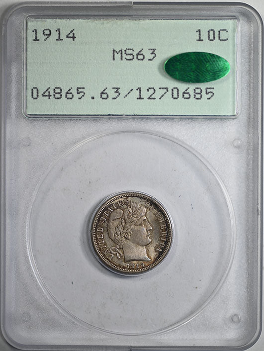 1914 Barber Dime 10C PCGS Rattler MS63 CAC Obverse Slab