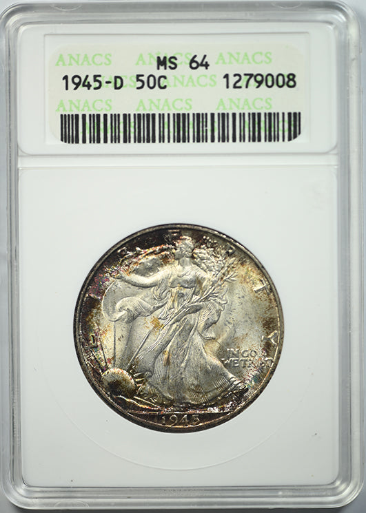 1945-D Walking Liberty Half Dollar 50C ANACS MS64 - TONED! Obverse Slab