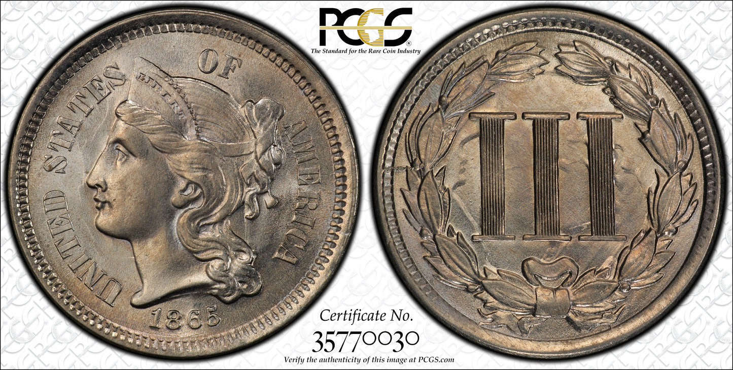 1865 Three Cent Nickel Piece 3CN PCGS MS66 Trueview