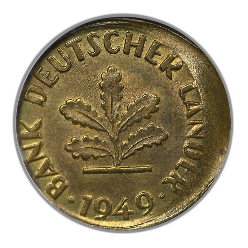 1949-J Germany 5PF Pfennig ANACS Soapbox MS62 - Off-Center Misaligned Dies