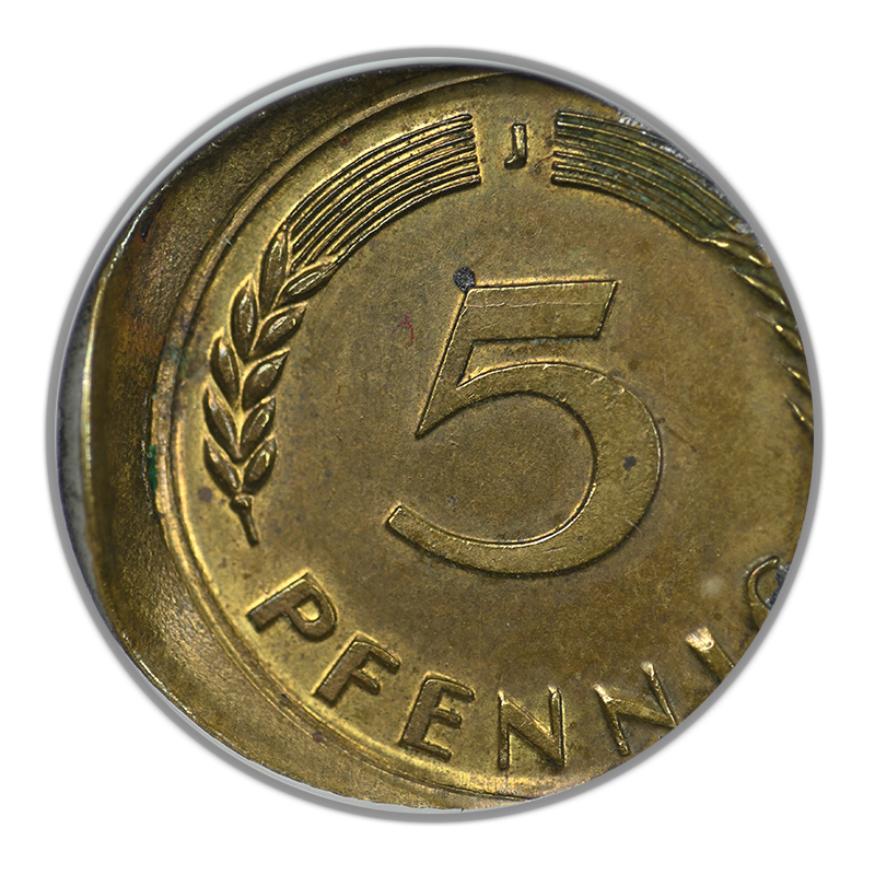 1949-J Germany 5PF Pfennig ANACS Soapbox MS62 - Off-Center Misaligned Dies
