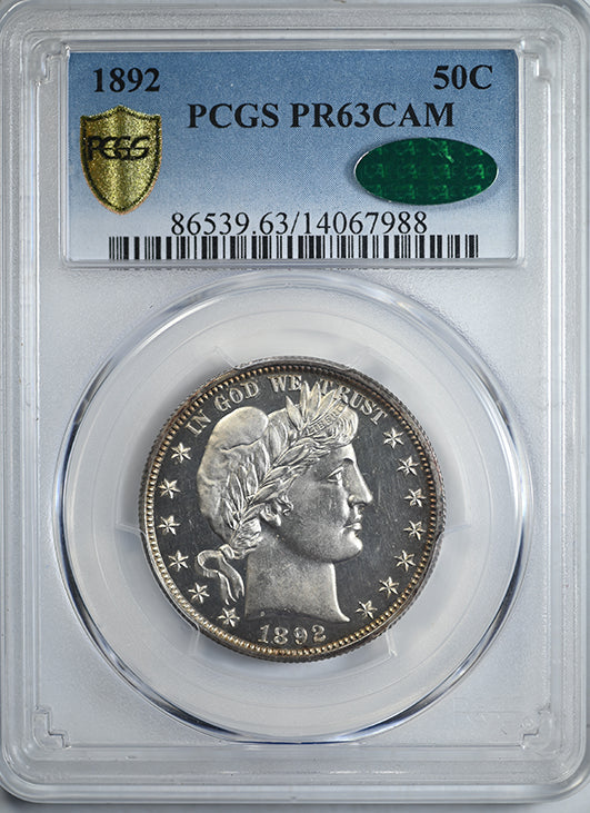 1892 Proof Barber Half Dollar 50C PCGS PR63CAM CAC Obverse Slab
