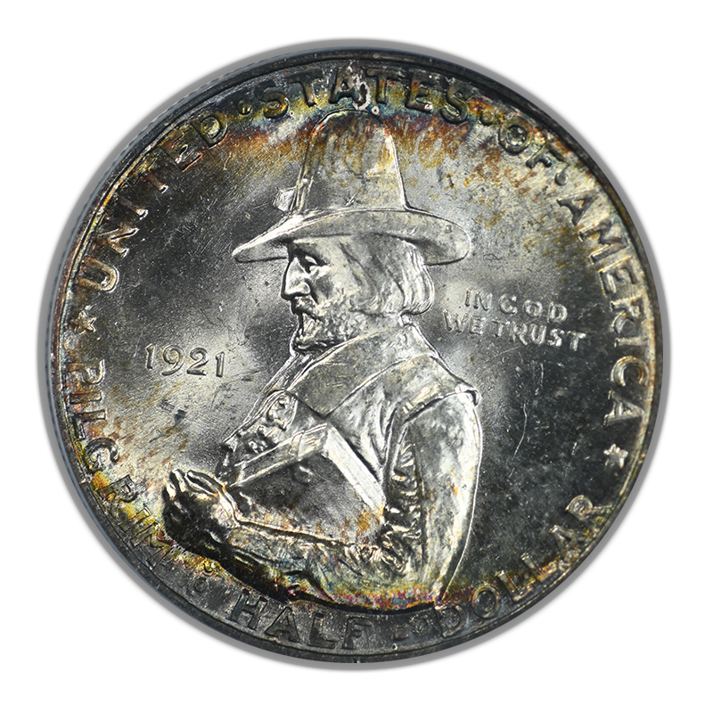 1921 Pilgrim Classic Commemorative Half Dollar 50C PCGS MS65 - TONED! Obverse
