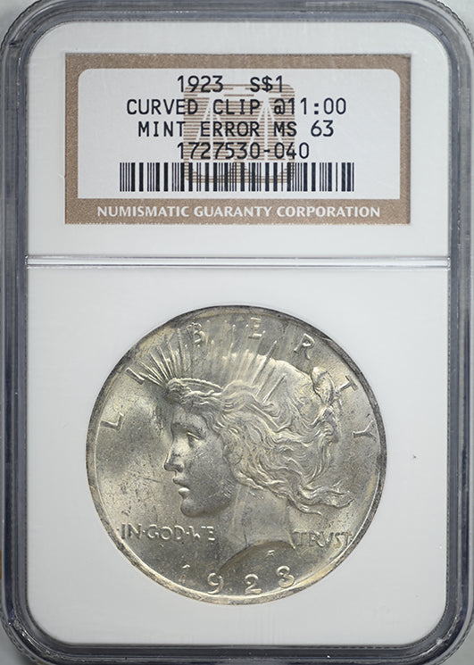 1923 Peace Dollar $1 NGC Mint Error MS63 Curved Clip @ 11:00