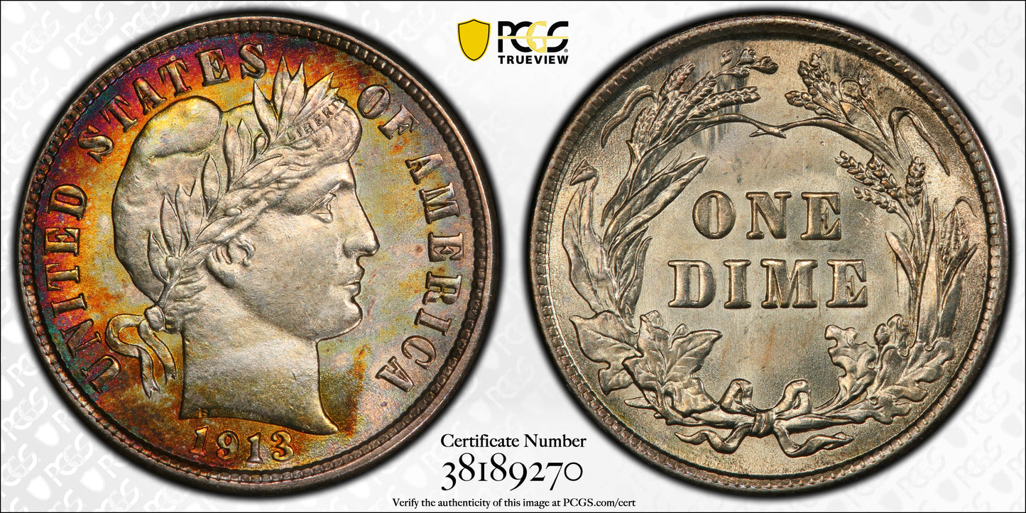 1913 Barber Dime 10C PCGS MS64+ CAC - TONED! Trueview