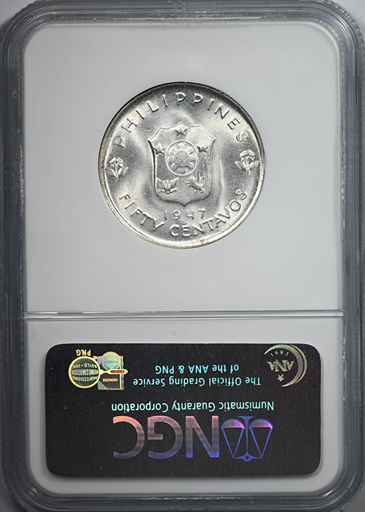 1947-S Philippines 50C Centavos NGC MS66 - Douglas MacArthur