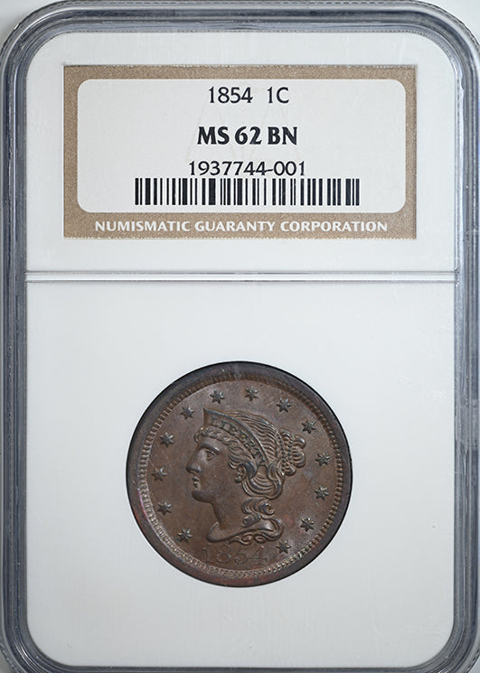 1854 Liberty Head Braided Hair Large Cent 1C NGC MS62BN Obverse Slab