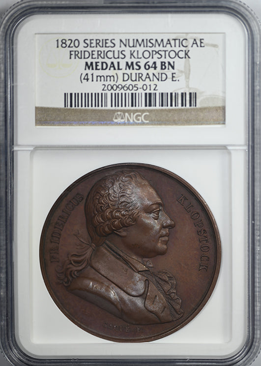 1820 Series Numismatic AE Fridericus Klopstock Medal NGC MS64BN (41mm) Durand E.