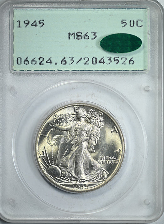 1945 Walking Liberty Half Dollar PCGS Rattler 50C MS63 CAC Obverse Slab