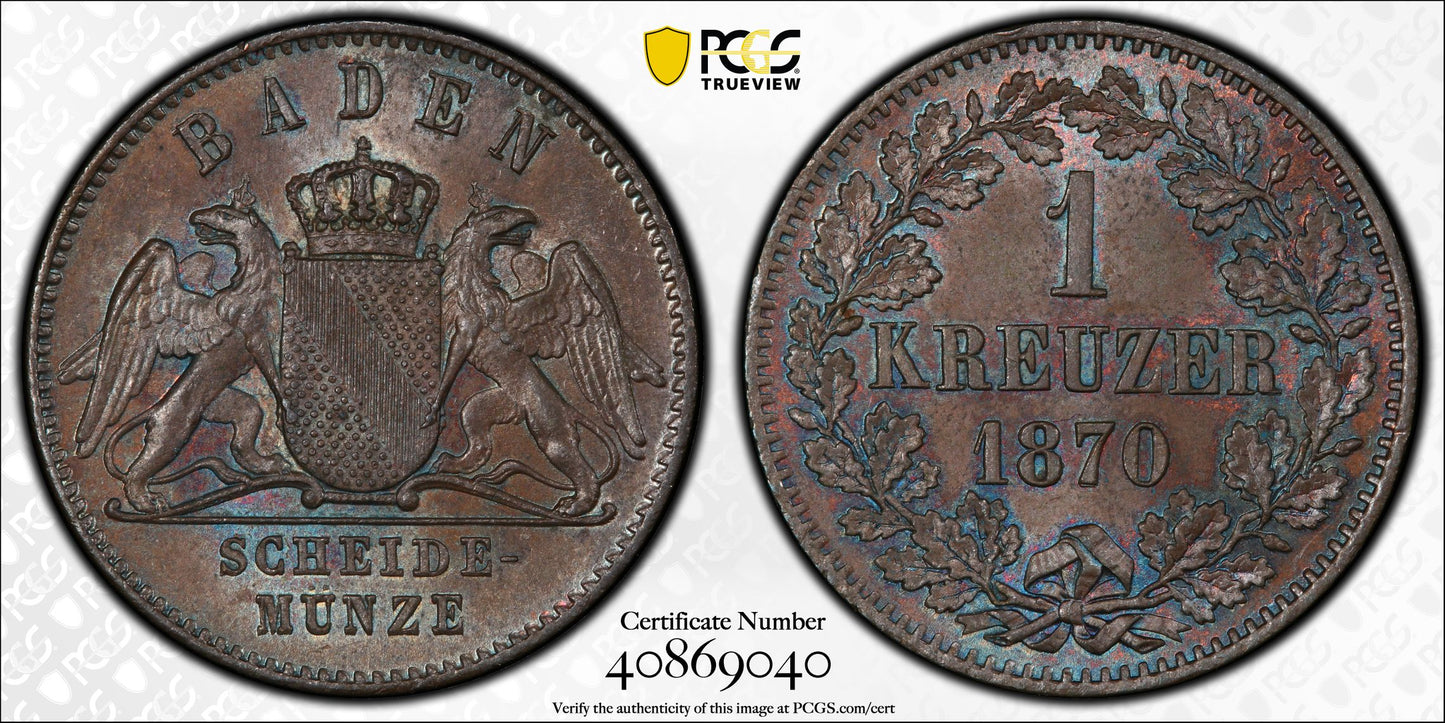 1870 German States Baden Kreuzer PCGS MS65BN - TONED!