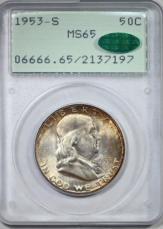 1953-S Franklin Half Dollar 50C PCGS Rattler MS65 CAC