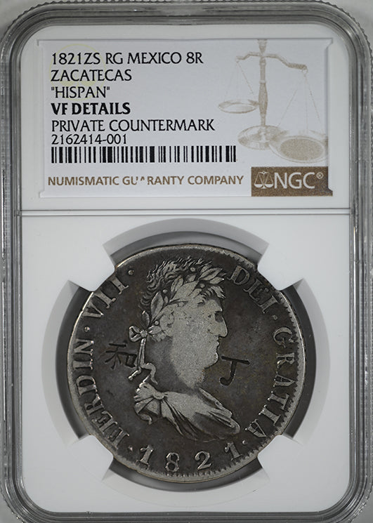 1821 ZS RG Mexico 8R Reales Zacatecas "Hispan" NGC VF Details Private Countermark