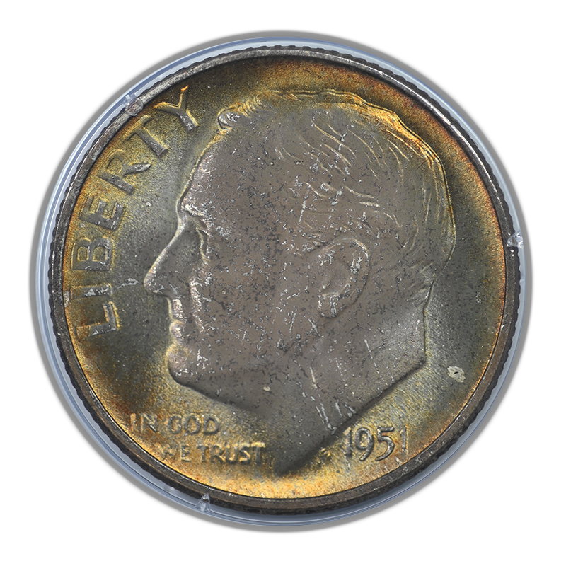 1951-S Roosevelt Dime 10C PCGS Rattler MS66 - TONED!