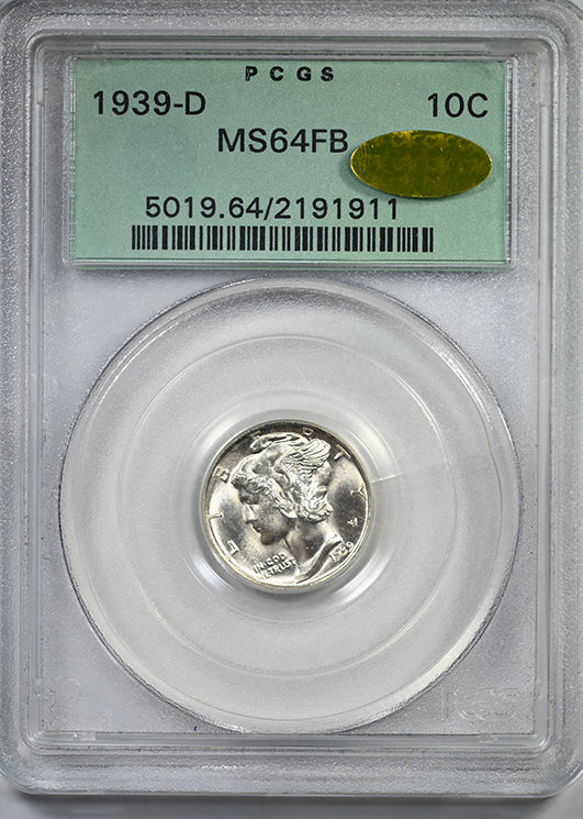 1939-D Mercury Dime 10C PCGS MS64FB Gold CAC OGH - Full Bands