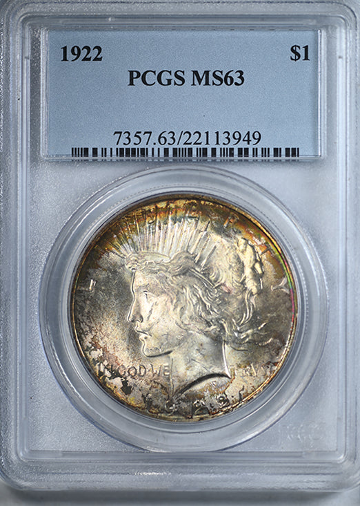 1922年 ピースダラーPCGS MS63 $1 1922 Peace Dollar $1 PCGS MS63 - TONED! – Americana Rare Coin