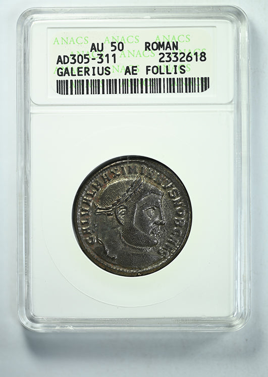 AD 305-311 Roman Empire Galerius AE Follis ANACS Soapbox AU50 Obverse Slab