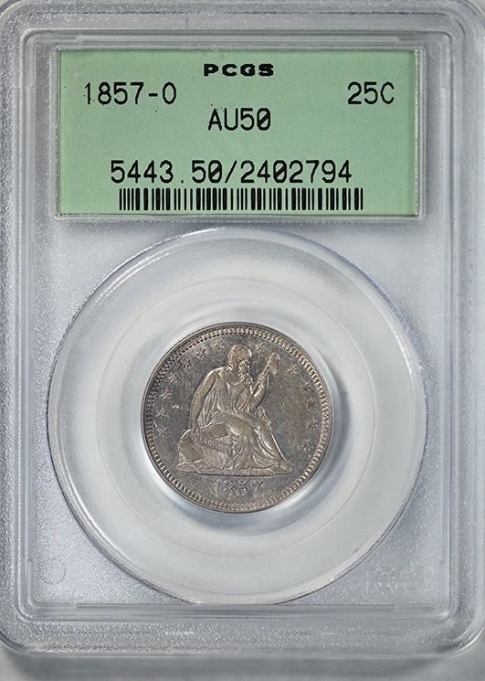 1857-O Liberty Seated Quarter 25C PCGS AU50 OGH – Americana Rare Coin