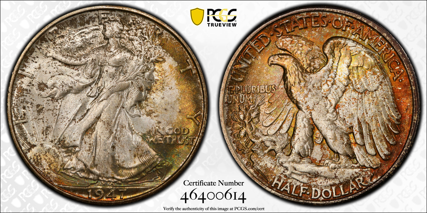 1947-D Walking Liberty Half Dollar 50C PCGS MS67 - TONED! Trueview