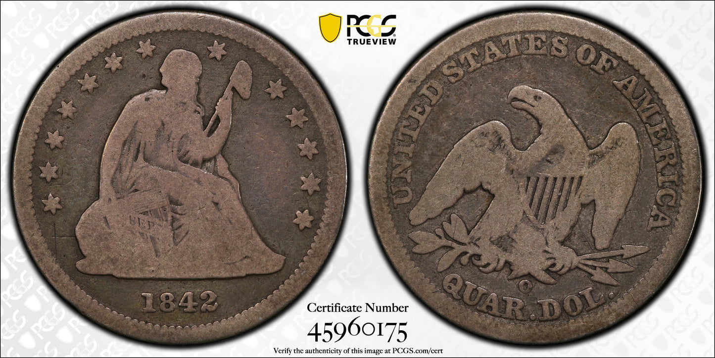 1842-O Liberty Seated Quarter 25C PCGS G06 - Small Date Trueview