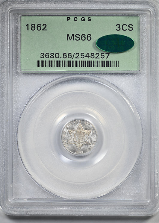 1862 Three Cent Silver Piece 3CS PCGS MS66 CAC OGH