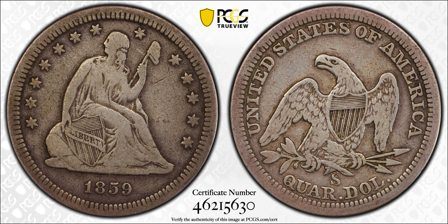 1859-S Liberty Seated Quarter 25C PCGS F12 Trueview