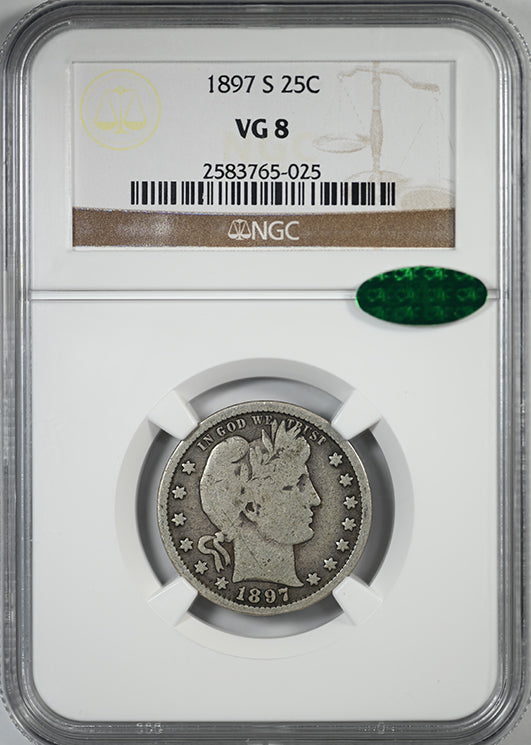 1897-S Barber Quarter 25C NGC VG8 CAC