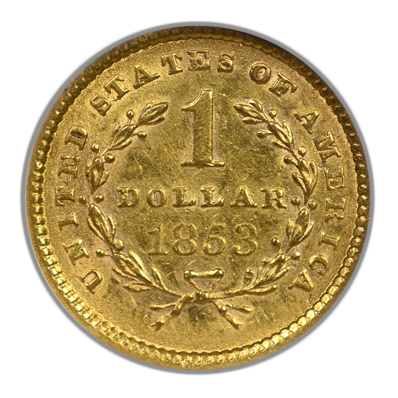 1853 Type 1 Liberty Head Gold Dollar G$1 ANACS Soapbox AU53