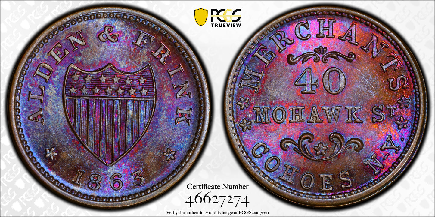 1863 New York Civil War Token Alden & Frank PCGS MS65BN F-140A-2a1 Bronze - TONED!