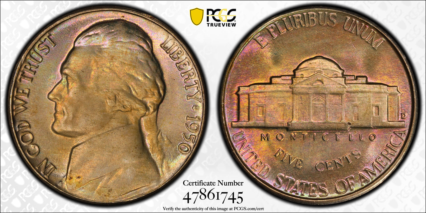 1950-D Jefferson Nickel 5C PCGS MS67FS - TONED! Trueview