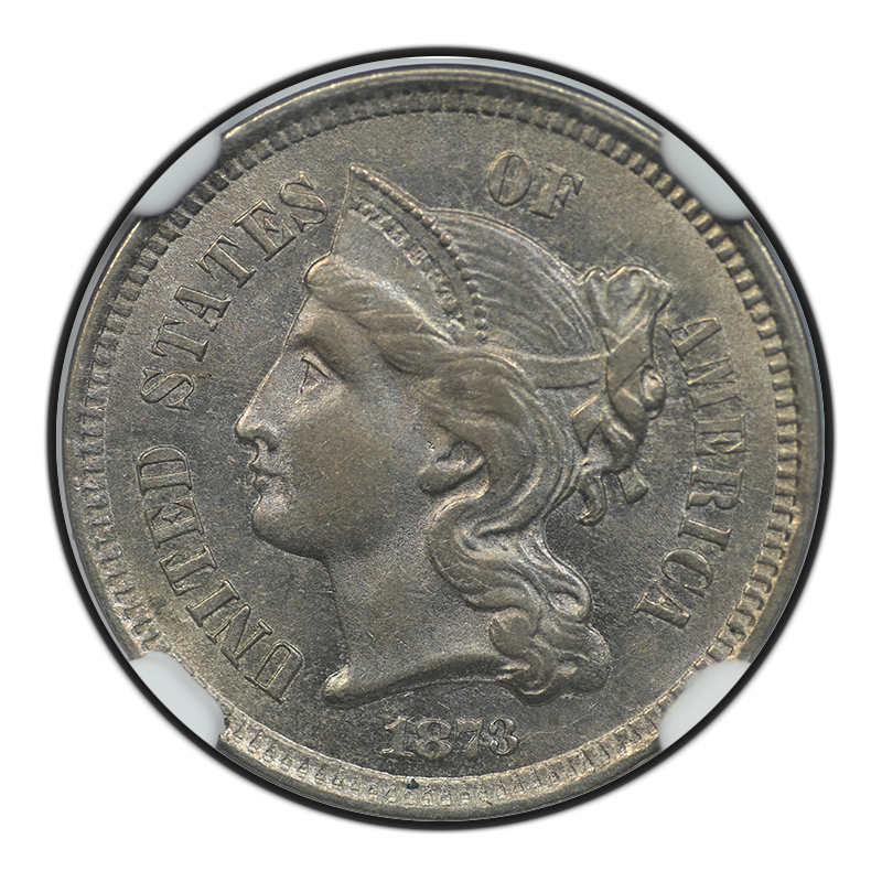 1873 Three Cent Nickel Piece 3CN NGC MS62 - Closed 3 Obverse