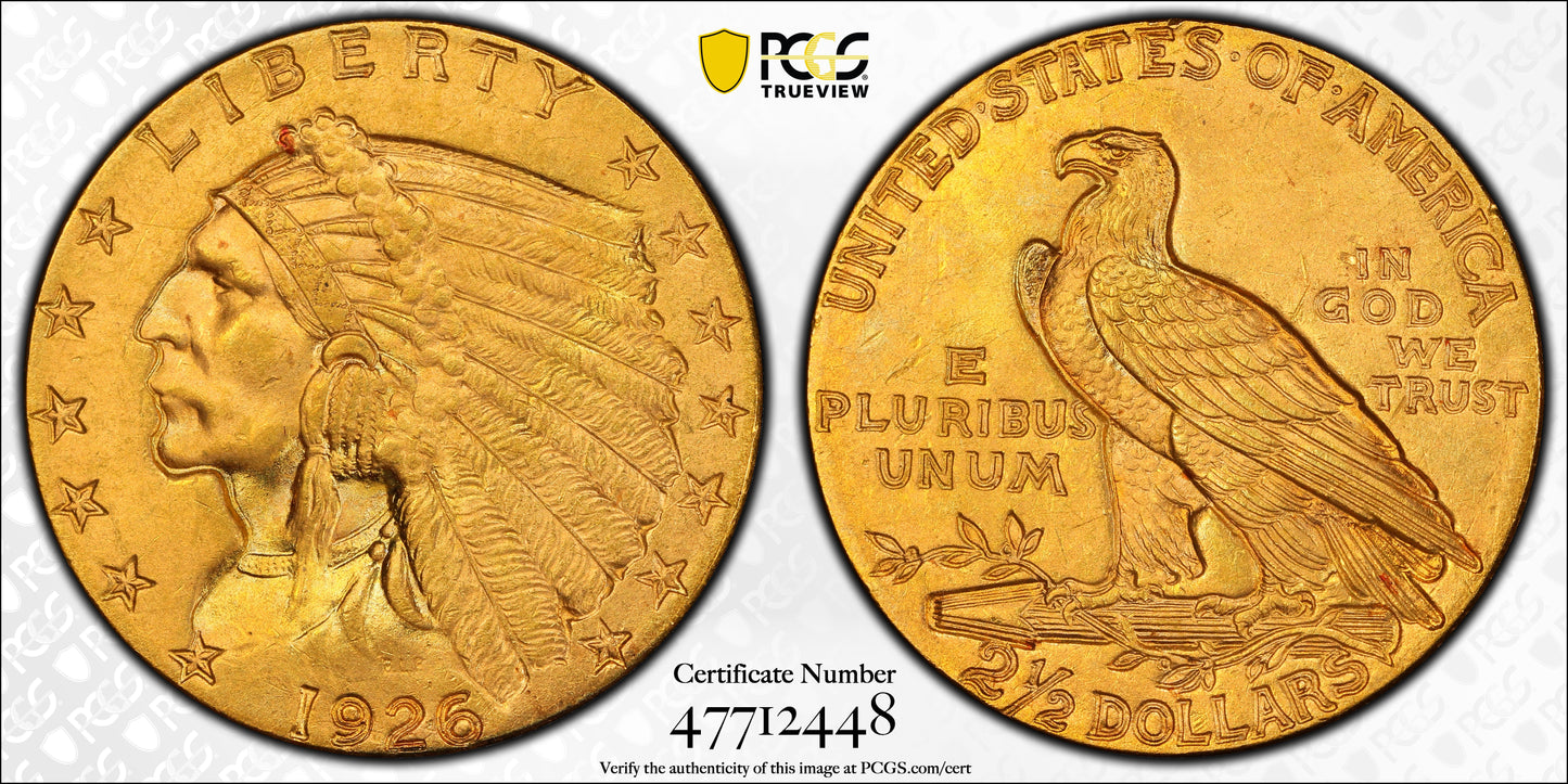 1926 Indian Head Gold Quarter Eagle $2.50 PCGS MS65+ Trueview