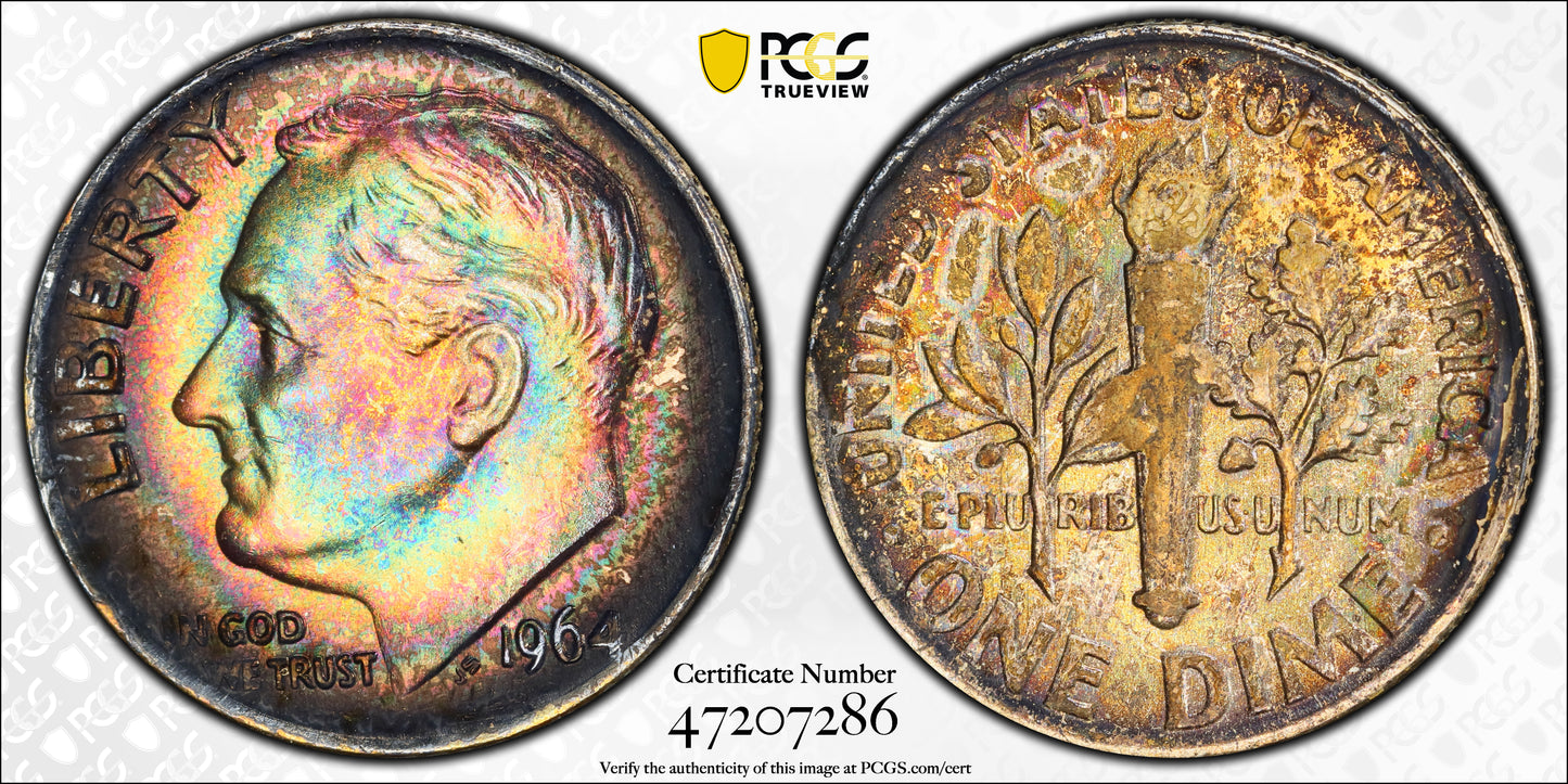 1964 Roosevelt Dime 10C PCGS MS65 - RAINBOW TONED! Trueview