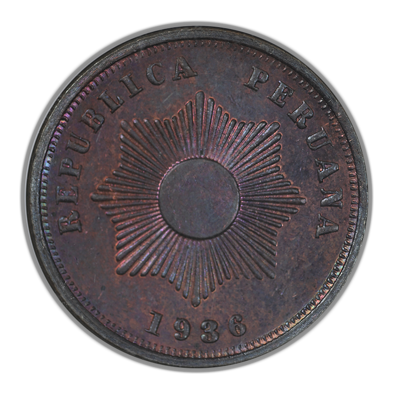 1936 Peru 2C Centavos NGC MS65RB - TONED!
