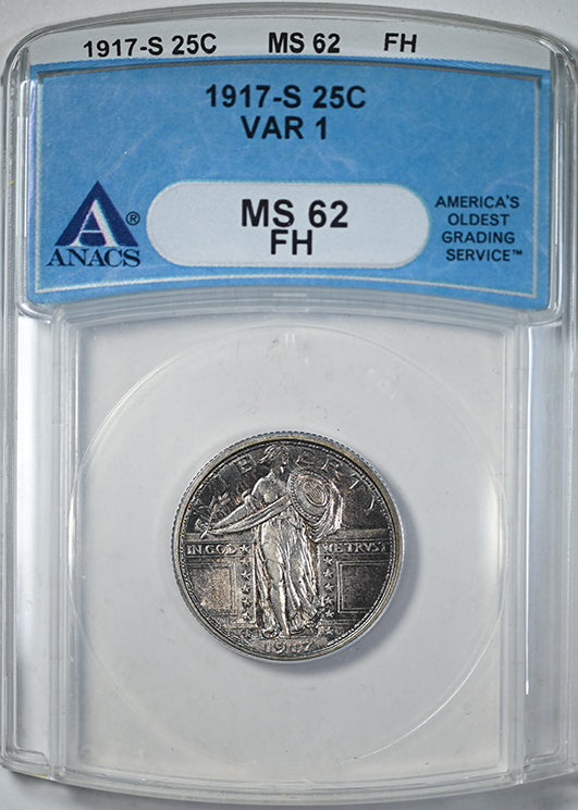 1917-S Type 1 Standing Liberty Quarter 25C ANACS MS62FH - TONED!