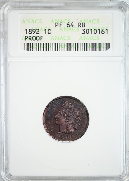 1892 Proof Indian Head Cent 1C ANACS PR64RB Obverse Slab