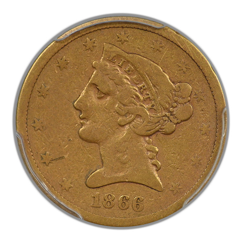 1866-S Liberty Head Gold Half Eagle $5 PCGS F12 CAC - Motto