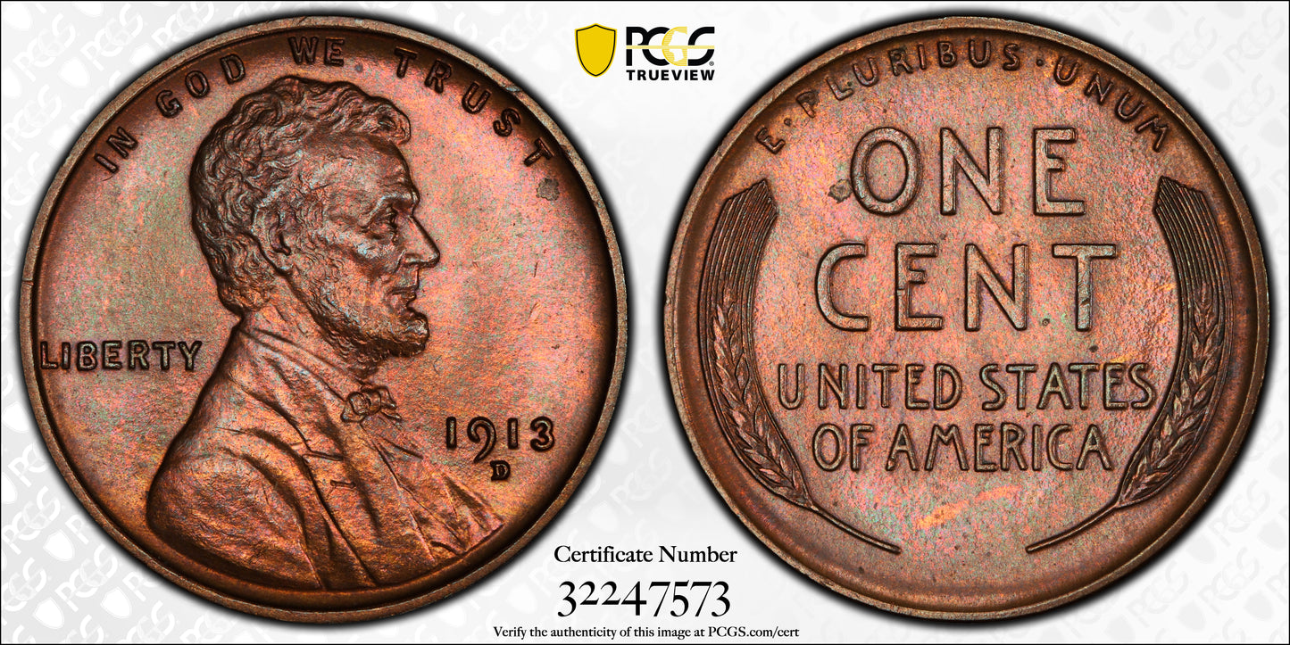 1913-D Lincoln Wheat Cent 1C PCGS MS65BN - NICE COLOR!