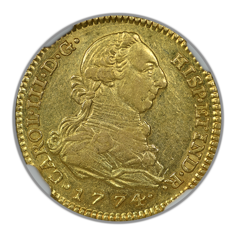 1774 M PJ Spain Gold 2E Escudos NGC AU50