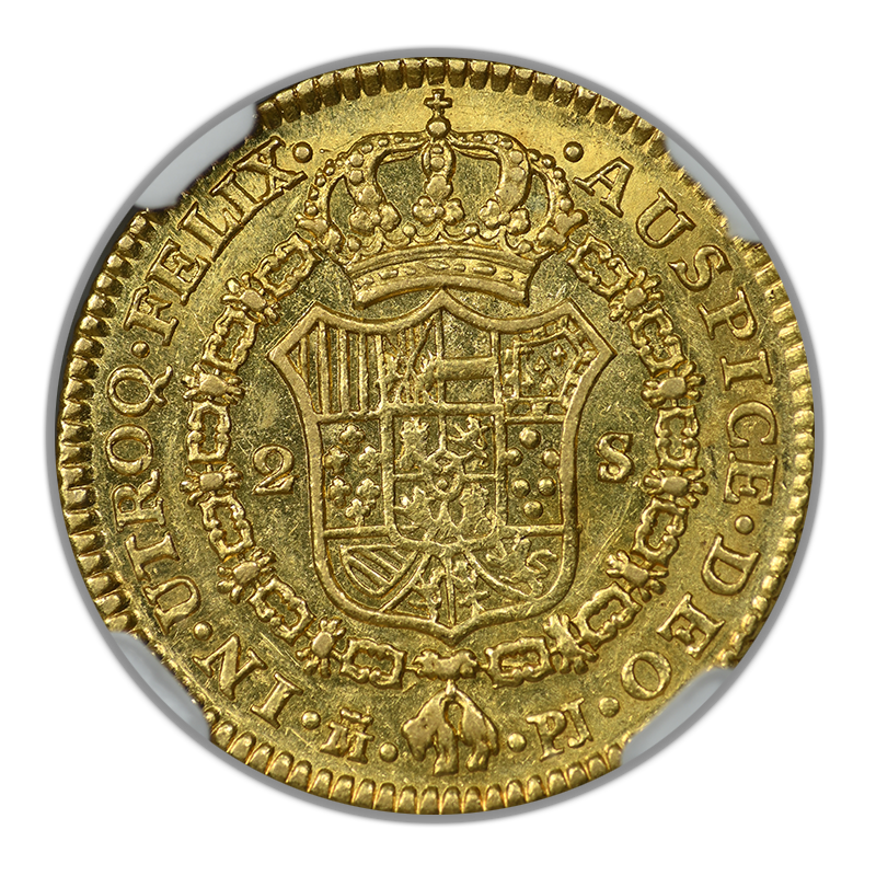 1774 M PJ Spain Gold 2E Escudos NGC AU50