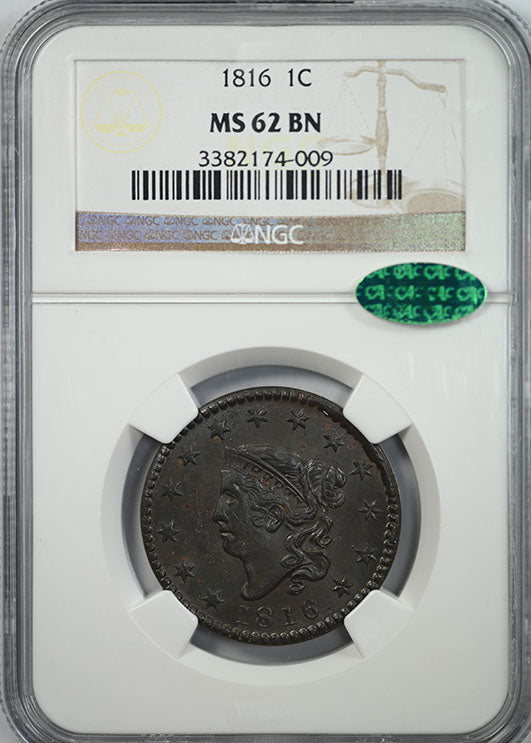 1816 Matron Liberty Head Large Cent 1C NGC MS62BN CAC Obverse Slab