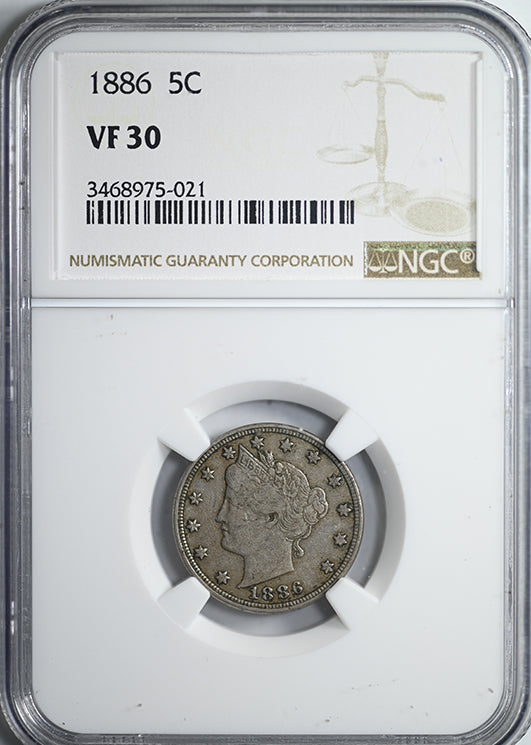 1886 Liberty V-Nickel 5C NGC VF30 Obverse Slab