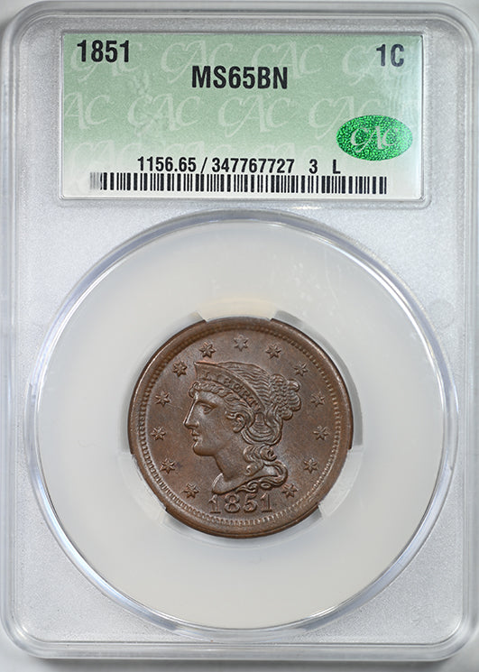 1851 Braided Hair Liberty Head Large Cent 1C CAC MS65BN