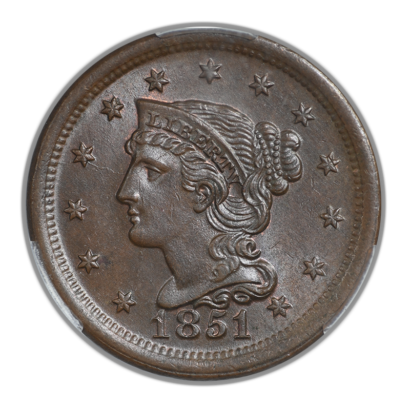 1851 Braided Hair Liberty Head Large Cent 1C CAC MS65BN