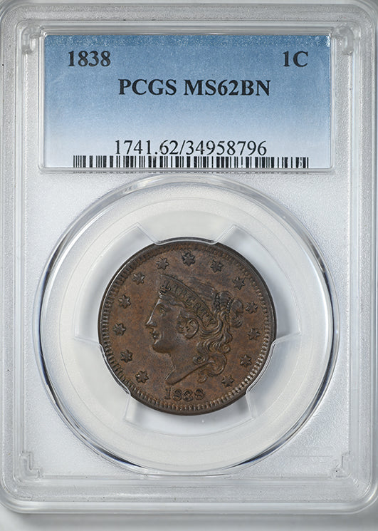 1838 Coronet Head Large Cent 1C PCGS MS62BN